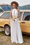 Ivory A-Line Halter Floor Length Lace Chiffon  Boho Wedding Dress With Slit