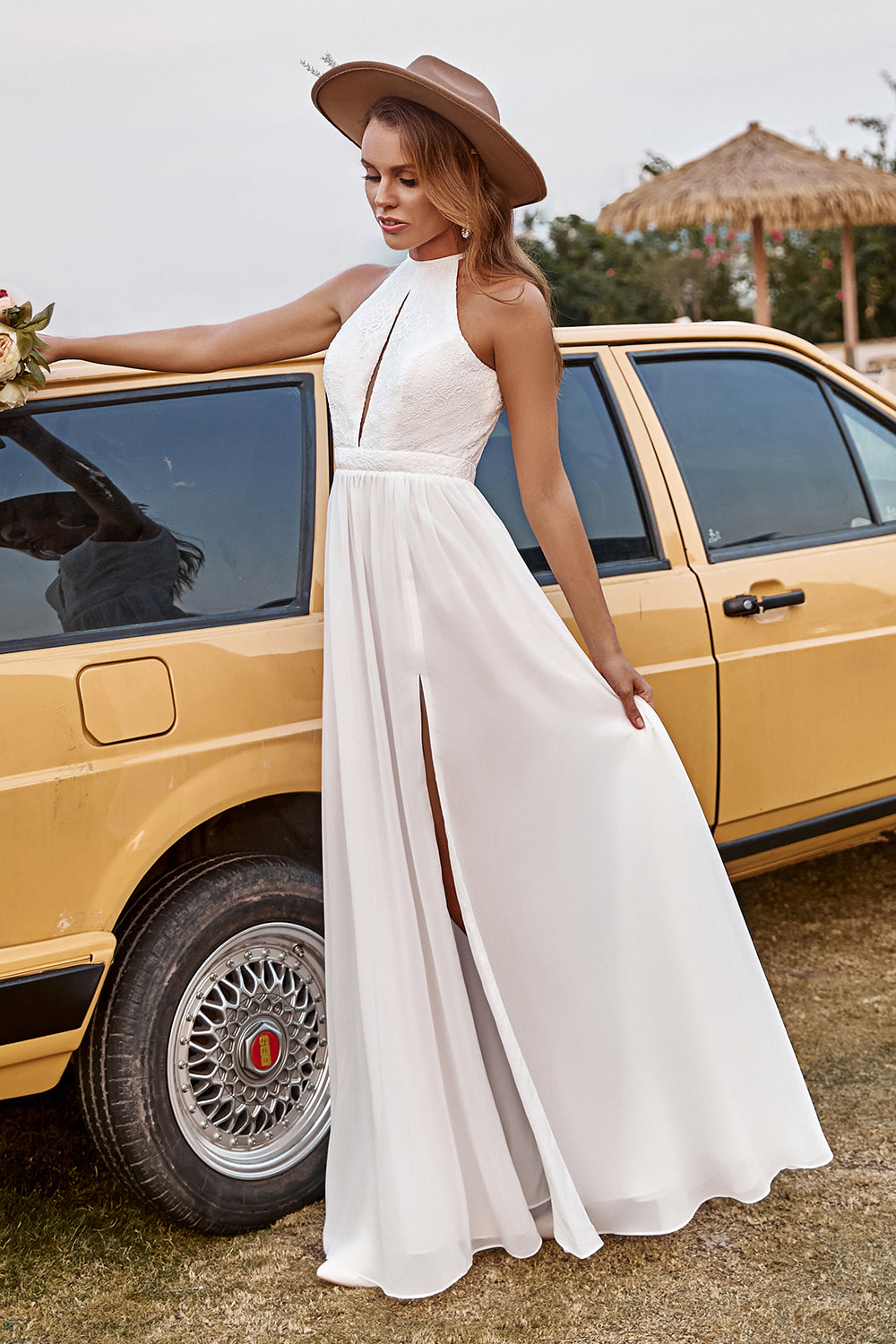 Ivory A-Line Halter Floor Length Lace Chiffon  Boho Wedding Dress With Slit