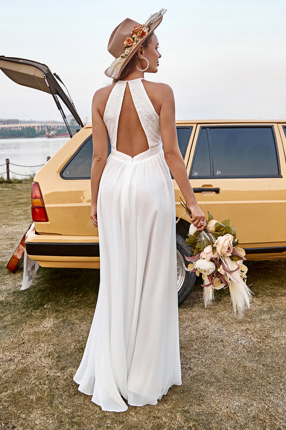 Ivory A-Line Halter Floor Length Lace Chiffon  Boho Wedding Dress With Slit