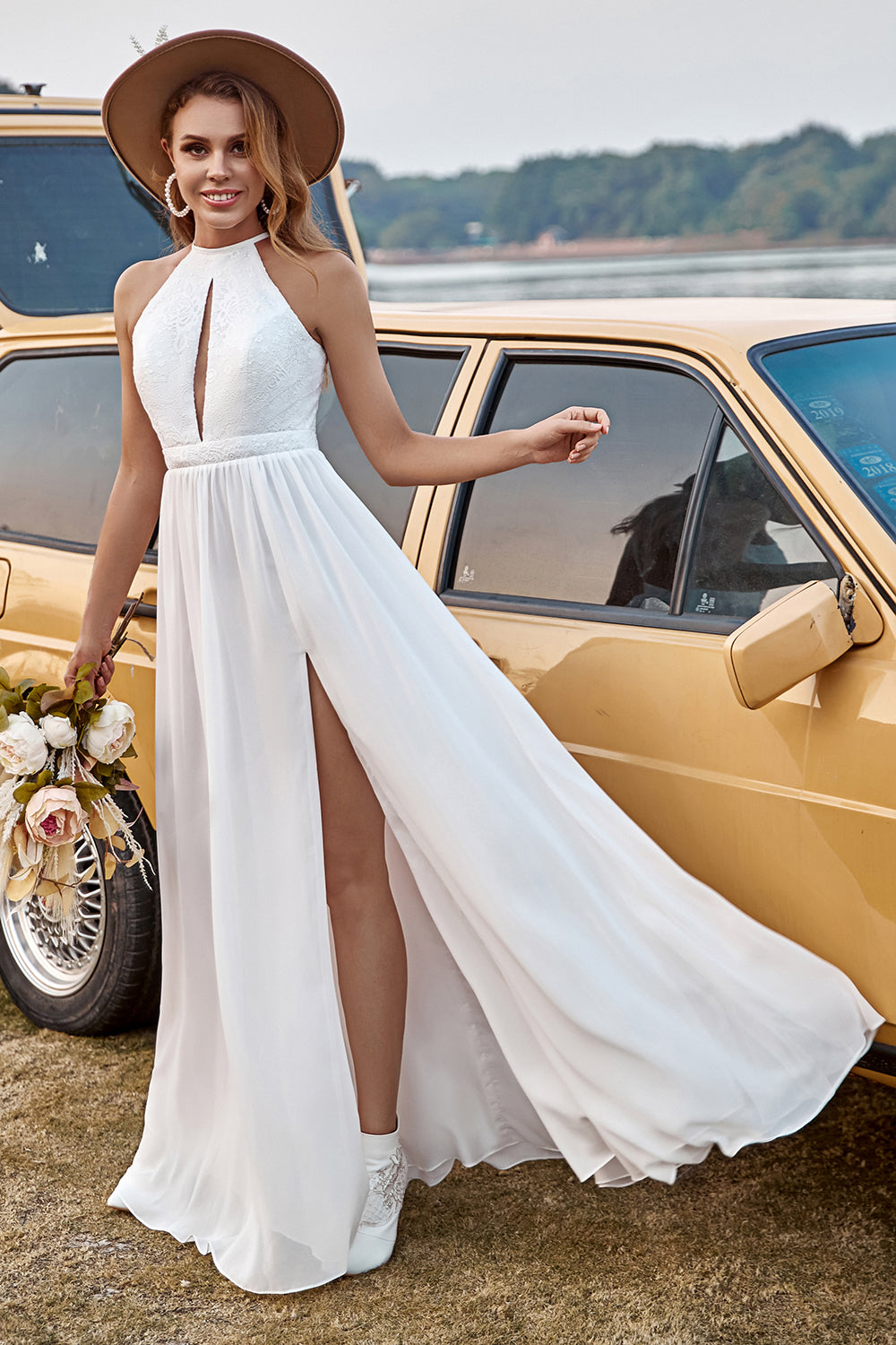 Wedtrend Women Boho Wedding Dress Ivory Lace Chiffon Halter Beach Bridal Dress With Slit WEDTREND Wedtrend Women Boho Wedding Dress Ivory Lace Chiffon Halter Beach Bridal Dress With Slit WEDTREND