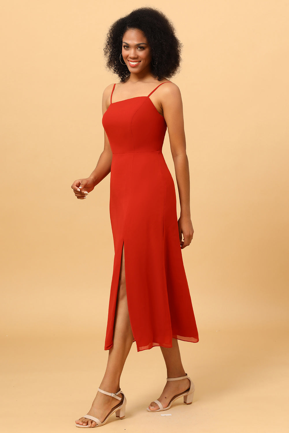 Wedtrend Terracotta Sexy Spaghetti Straps Midi Chiffon Bridesmaid Dress with Slit WEDTREND Wedtrend Terracotta Sexy Spaghetti Straps Midi Chiffon Bridesmaid Dress with Slit WEDTREND