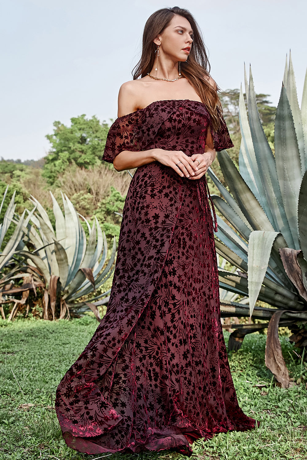 Wedtrend Women Burgundy Flower Bridesmaid Dress A Line Off The Shoulder Burnout Velvet Floor-Length Wedding Party Guest Dress WEDTREND Wedtrend Women Burgundy Flower Bridesmaid Dress A Line Off The Shoulder Burnout Velvet Floor-Length Wedding Party Guest Dress WEDTREND