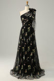 Black A-Line One Shoulder Long Prom Dress With Embroidery