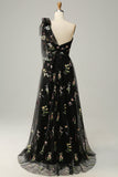Black A-Line One Shoulder Long Prom Dress With Embroidery