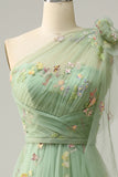 Green A-Line One Shoulder Long Tulle Prom Dress With Embroidery