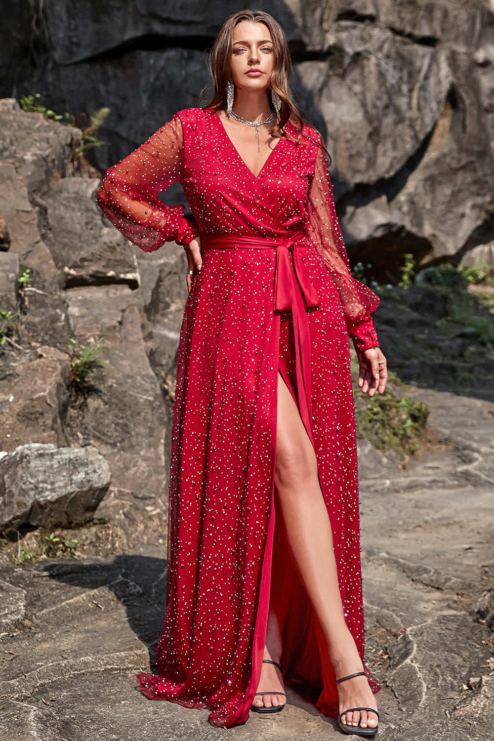 Wedtrend Women Wedding Party Dress A-Line V Neck Beaded Chiffon Long Sleeve Front Split Bridesmaid Dress with Belt WEDTREND Wedtrend Women Wedding Party Dress A-Line V Neck Beaded Chiffon Long Sleeve Front Split Bridesmaid Dress with Belt WEDTREND