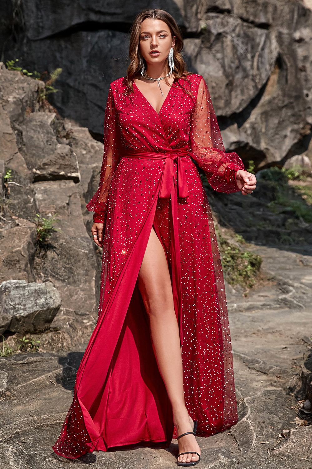 Wedtrend Women Wedding Party Dress A-Line V Neck Beaded Chiffon Long Sleeve Front Split Bridesmaid Dress with Belt WEDTREND Wedtrend Women Wedding Party Dress A-Line V Neck Beaded Chiffon Long Sleeve Front Split Bridesmaid Dress with Belt WEDTREND