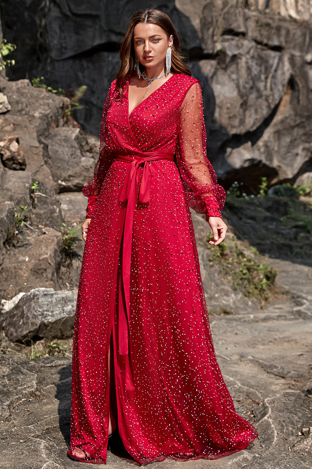 Wedtrend Women Wedding Party Dress A-Line V Neck Beaded Chiffon Long Sleeve Front Split Bridesmaid Dress with Belt WEDTREND Wedtrend Women Wedding Party Dress A-Line V Neck Beaded Chiffon Long Sleeve Front Split Bridesmaid Dress with Belt WEDTREND