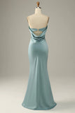 Grey Blue Mermaid Strapless Floor Length Satin Bridesmaid Dress