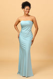 Sky Blue Mermaid Strapless Floor Length Satin Bridesmaid Dress with Open Back