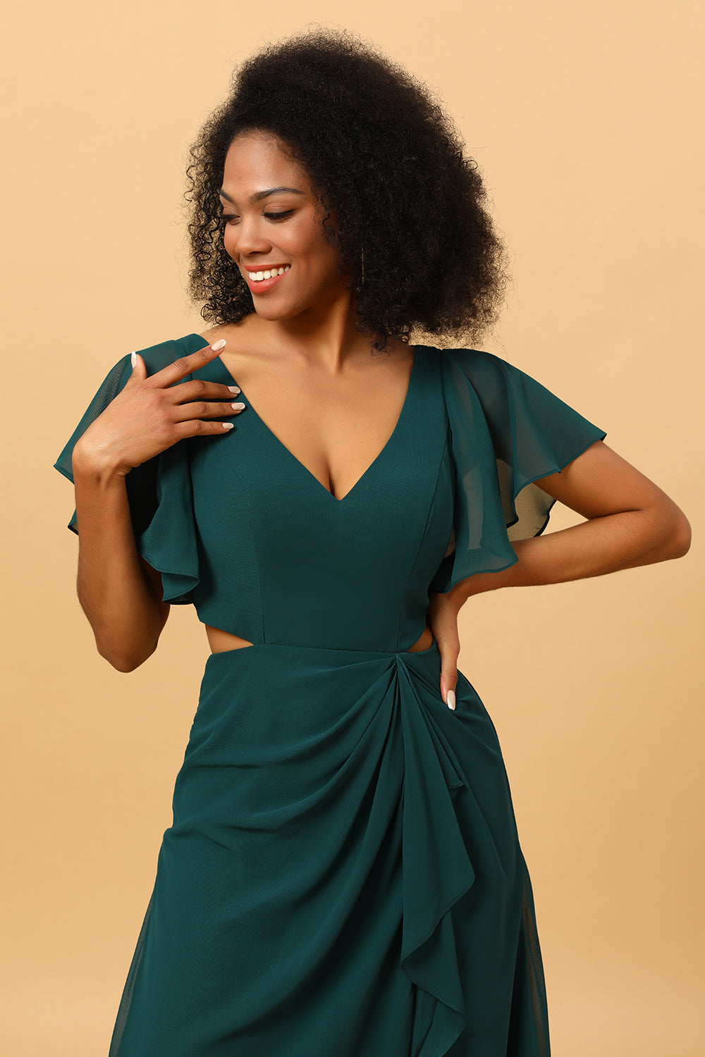 Wedtrend Pine A Line V Neck Short Sleeves Pleated Chiffon Long Bridesmaid Dress With Ruffles Wedding Party Dress WEDTREND Wedtrend Pine A Line V Neck Short Sleeves Pleated Chiffon Long Bridesmaid Dress With Ruffles Wedding Party Dress WEDTREND