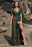 A-Line V Neck Dark Green Burnout Velvet Floor Length Dress with Short Sleeve