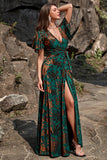 A-Line V Neck Dark Green Burnout Velvet Floor Length Dress with Short Sleeve