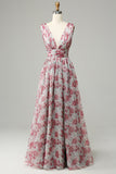 Grey and Pink A Line V Neck Floral Floor-Length Formal Dress