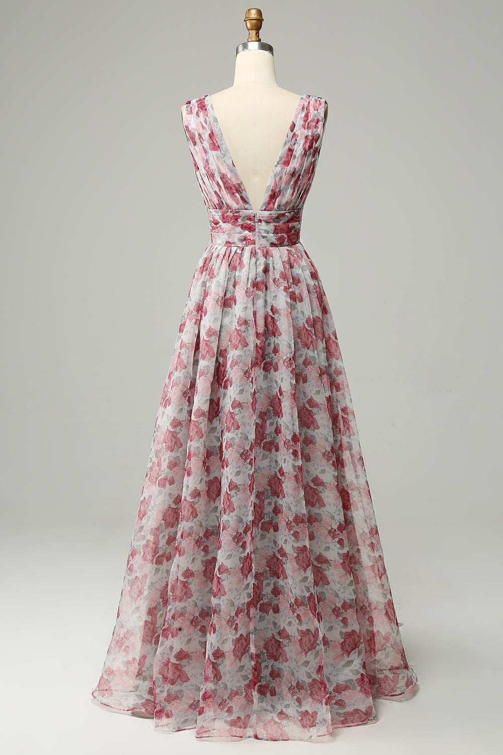 Grey and Pink A Line V Neck Floral Floor-Length Formal Dress