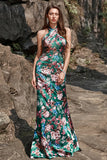 Flower Print Mermaid Halter Floor Length Green Satin Bridesmaid Dress