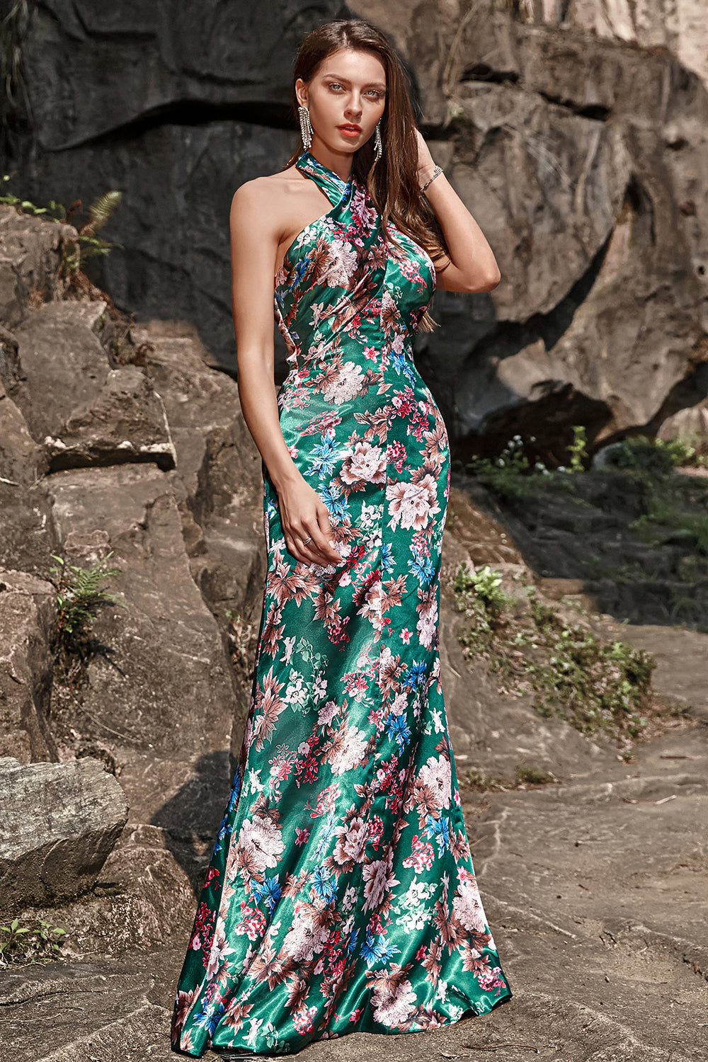 Wedtrend Women Green Long Bridesmaid Dress Mermaid Halter Print Floral Satin Wedding Guest Dress, Green / US16 Wedtrend Women Green Long Bridesmaid Dress Mermaid Halter Print Floral Satin Wedding Guest Dress, Green / US16