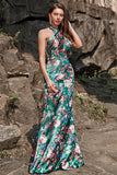 Flower Print Mermaid Halter Floor Length Green Satin Bridesmaid Dress