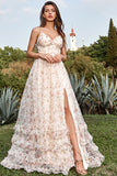 Apricot A Line Print V Neck Floor-Length Formal Party Dress with Split Front