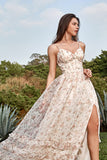 Apricot A Line Print V Neck Floor-Length Formal Party Dress with Split Front