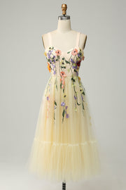 Champagne A Line Spaghetti Straps Prom Dress with Appliques