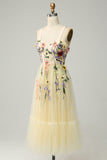 Champagne A Line Spaghetti Straps Tea Length Wedding Party Dress with Appliques