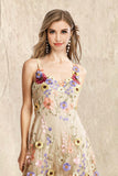 Champagne A Line Spaghetti Straps Long Wedding Party Dress with Appliques