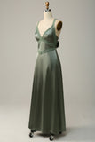 Dusty Green Sheath Spaghetti Straps Tied Back Satin Bridesmaid Dress