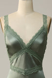 Dusty Green Sheath Spaghetti Straps Tied Back Satin Bridesmaid Dress