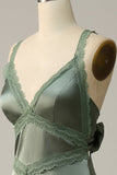 Dusty Green Sheath Spaghetti Straps Tied Back Satin Bridesmaid Dress