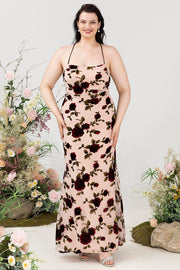 Dusk Sheath Halter Floor Length Rose Burnt-Out Velvet Plus Size Slip Dress