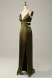 Olive Sheath Spaghetti Straps Cut Out Satin Bridesmaid Dress