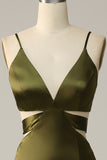 Olive Sheath Spaghetti Straps Cut Out Satin Bridesmaid Dress