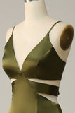 Olive Sheath Spaghetti Straps Cut Out Satin Bridesmaid Dress