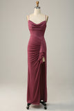 Desert Rose Spaghetti Straps Draped Chiffon Plus Size Bridesmaid Dress with Slit