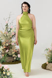 Lemon Green Sheath Halter Satin Floor Length Plus Size Formal Dress with Open Back