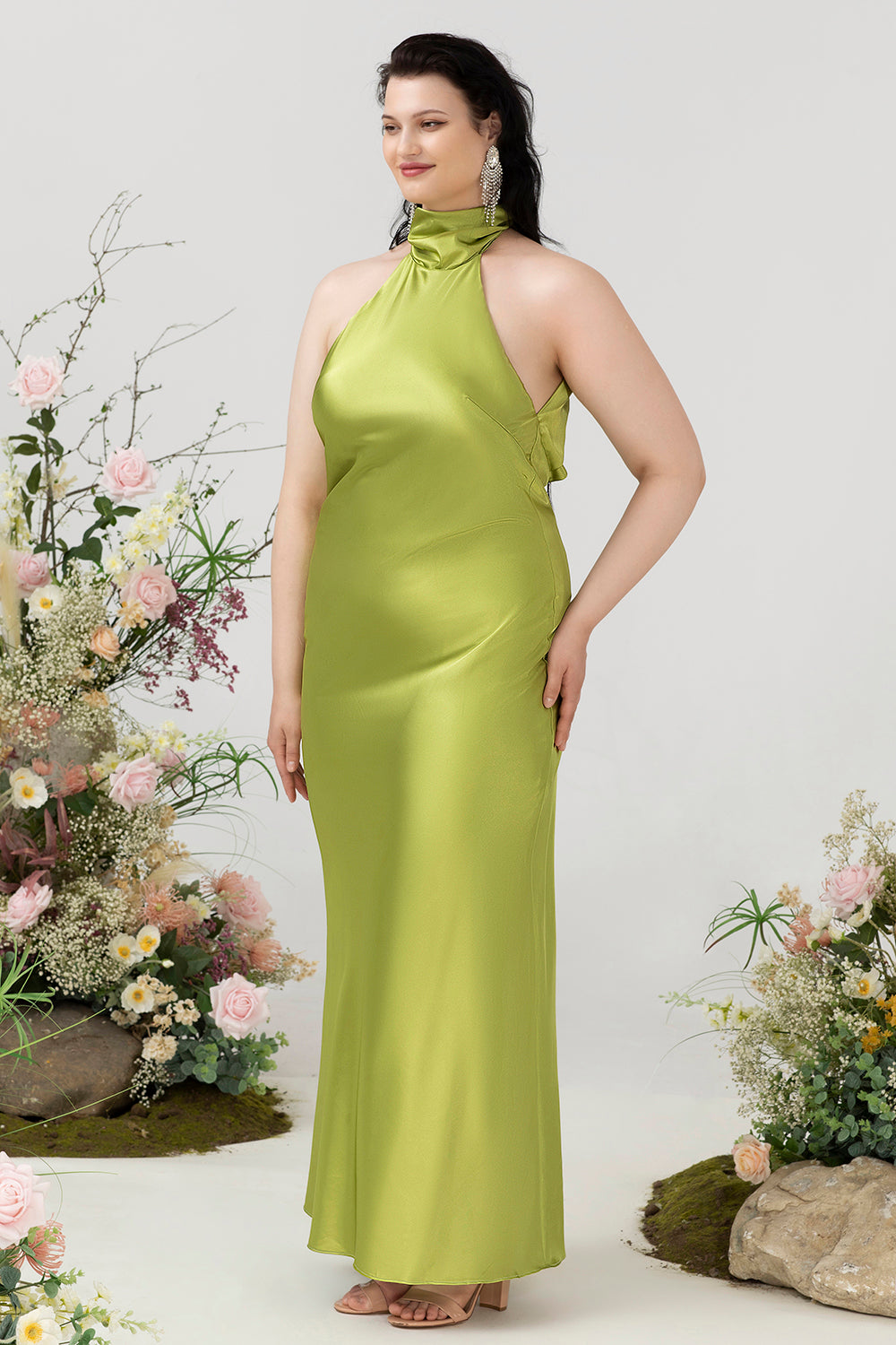 Wedtrend Women Lemon Green Plus Size Dress Sheath Halter Satin