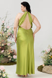 Lemon Green Sheath Halter Satin Floor Length Plus Size Formal Dress with Open Back