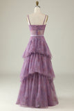 Purple A Line Spaghetti Straps Tiered Printed Corset Long Prom Dress