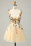 Champagne A Line Spaghetti Straps Short Homecoming Dress with Appliques