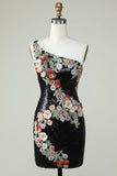 Bodycon One Shoulder Black Sequin Beading Homecoming Dress with 3d Flowers