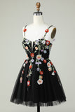 Black A Line Spaghetti Straps Sequin Homecoming Dress with Flowers