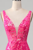 Fuchsia Mermaid V-Neck Sparkly Sequins Prom Dress with Appliques