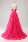 Fuchsia A-Line Spaghetti Straps Corset Lace Long Prom Dress with Slit