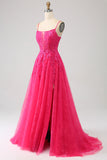 Fuchsia A-Line Spaghetti Straps Corset Lace Long Prom Dress with Slit