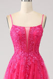 Fuchsia A-Line Spaghetti Straps Corset Lace Long Prom Dress with Slit