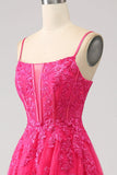 Fuchsia A-Line Spaghetti Straps Corset Lace Long Prom Dress with Slit