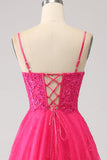 Fuchsia A-Line Spaghetti Straps Corset Lace Long Prom Dress with Slit