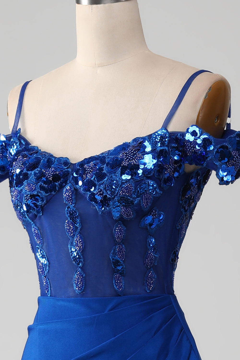 Royal Blue Mermaid Spaghetti Straps Beaded Corset Prom Dress with Slit