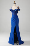 Royal Blue Mermaid Spaghetti Straps Beaded Corset Prom Dress with Slit